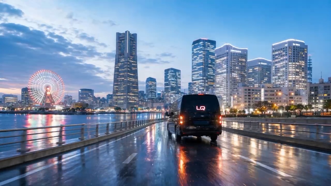 夕暮れのみなとみらいと配送車