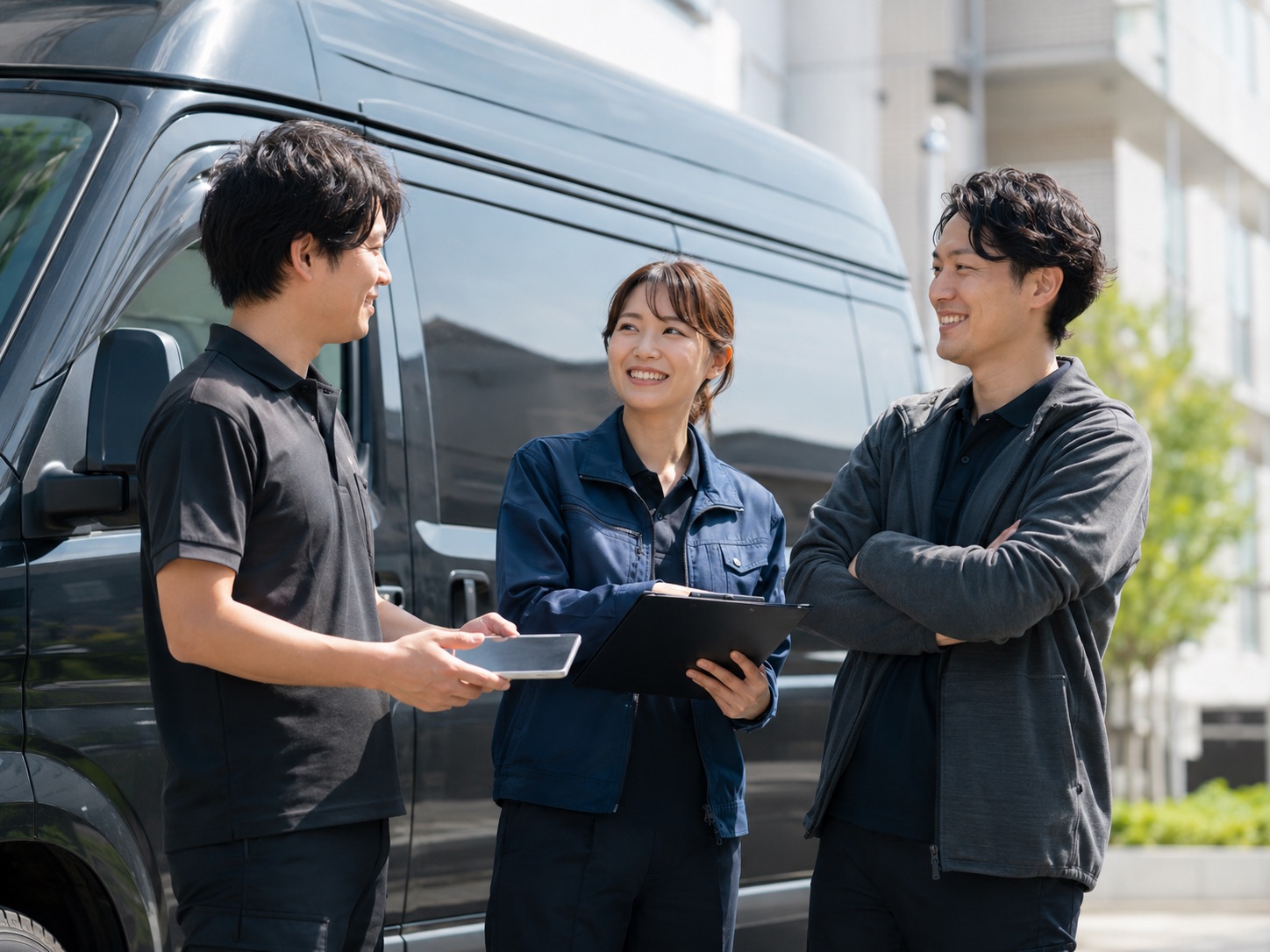 配送車の前で打ち合わせをするチーム