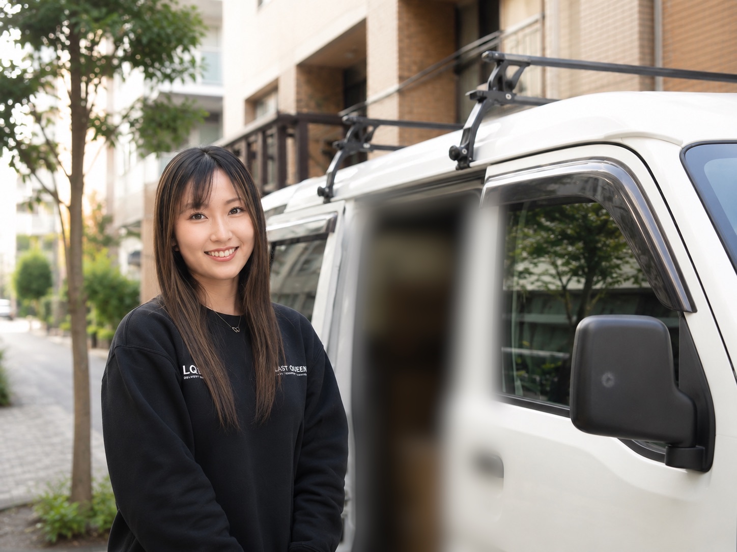 配送車のそばに立つ 室田姫華