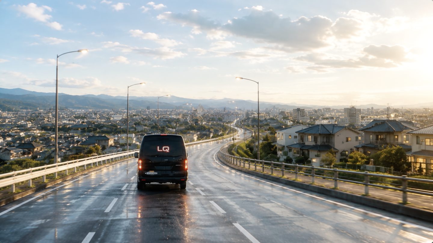 明るい住宅地の道を走る LQC の配送車
