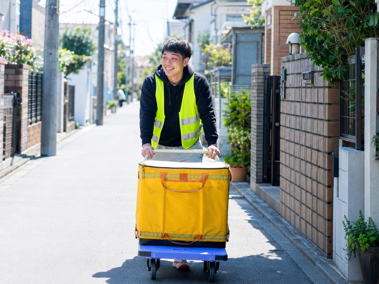 台車で荷物を運ぶ徒歩配送のスタッフ